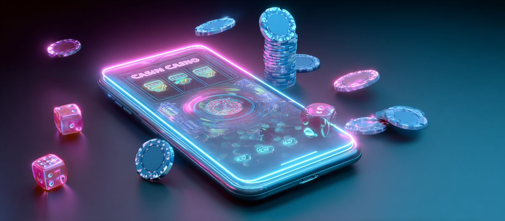 Futuristic smartphone screen glowing with slot reels, poker chips and dice, representing CVC66 casino app