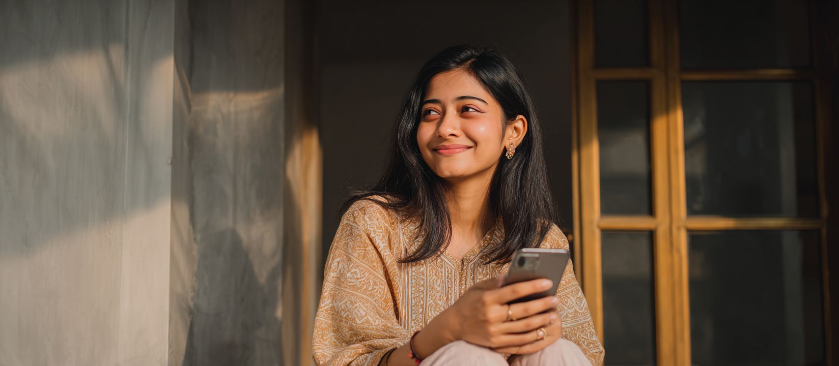 Smiling young woman holding a smartphone and enjoying CVC66 casino app in a relaxed atmosphere