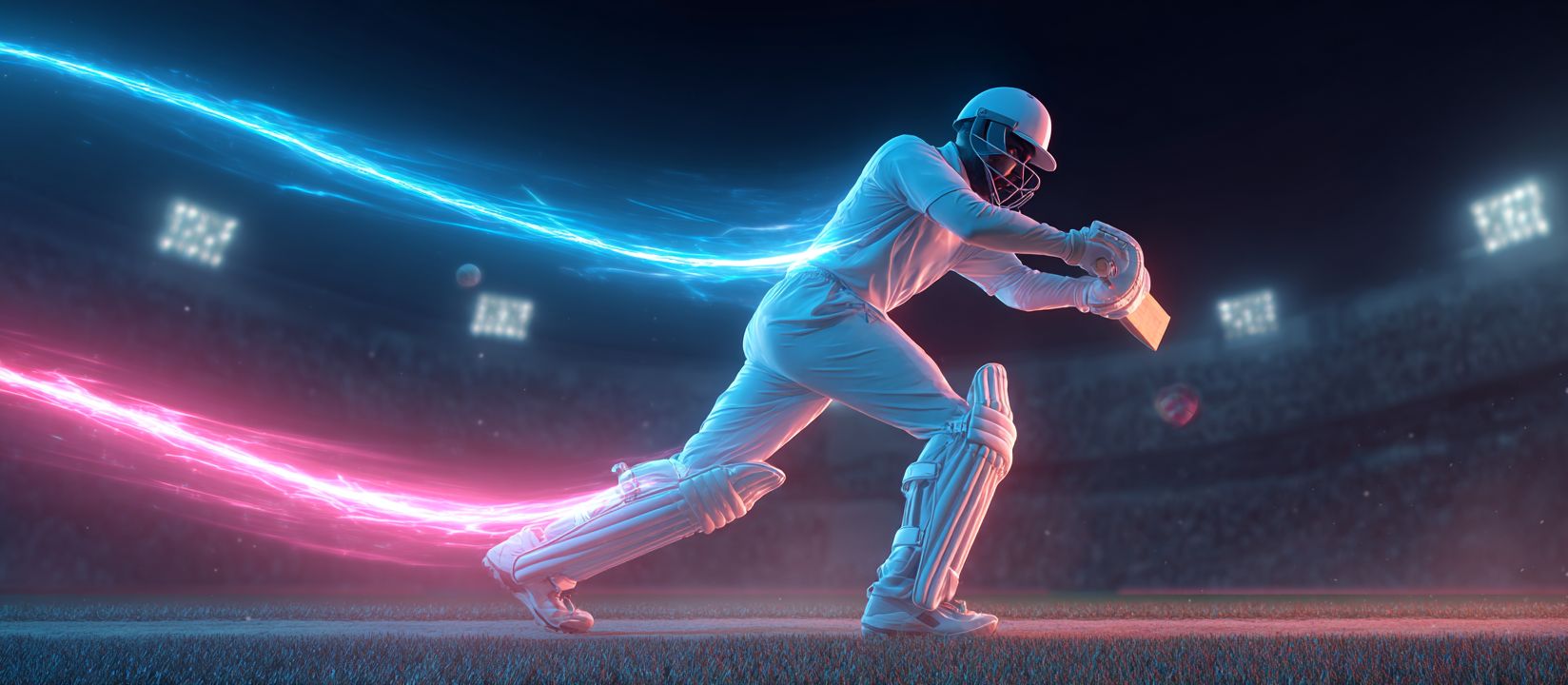 Dynamic cricket batsman in action under stadium lights with glowing energy trails, symbolizing the thrill of CVC66 sports betting