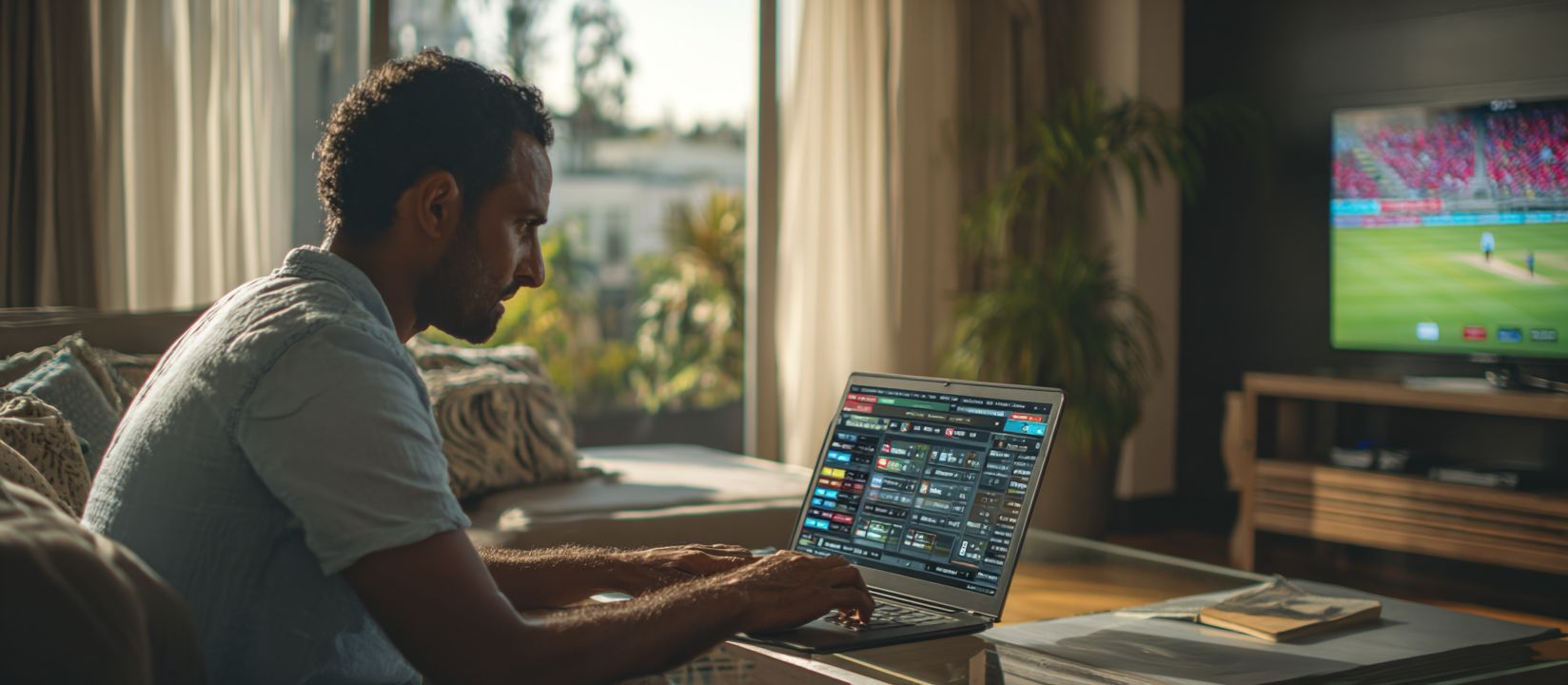 Focused man placing live sports bets on his laptop with CVC66 platform while cricket match streams on TV