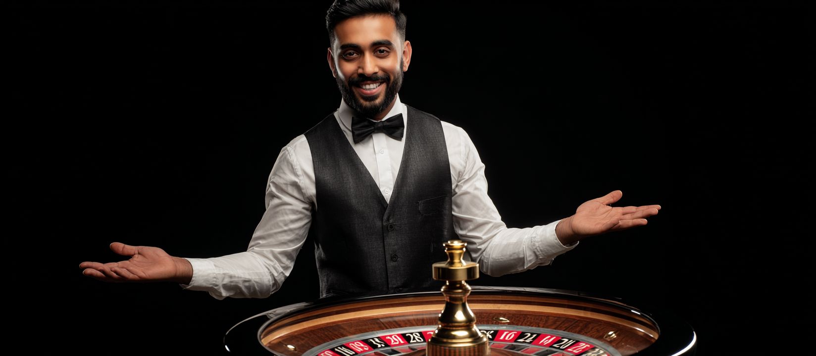 Smiling casino dealer presenting roulette wheel at CVC66 live casino table for an authentic gaming experience