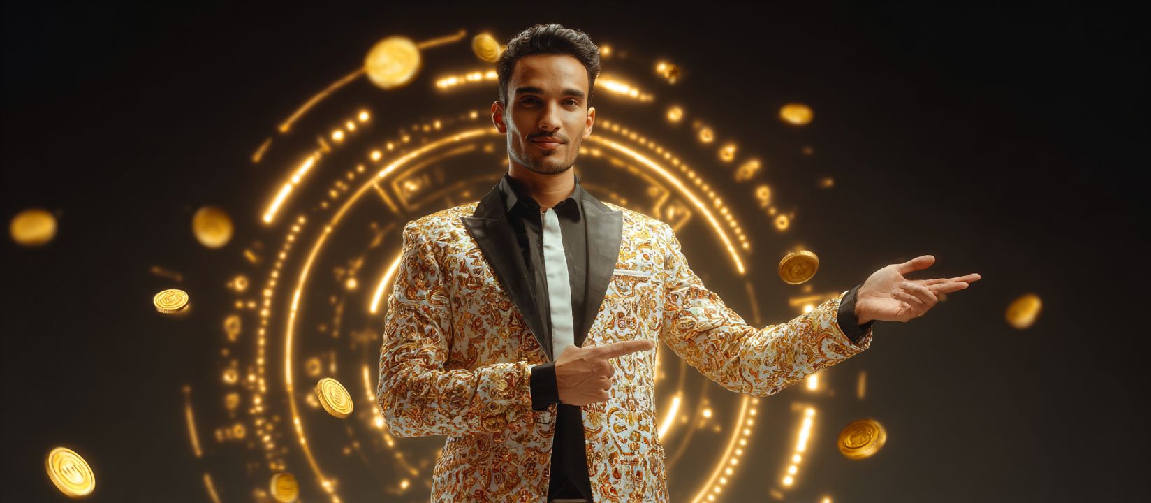 Stylish man in golden patterned jacket standing among glowing coins, symbolizing secure CVC66 login and winning opportunities