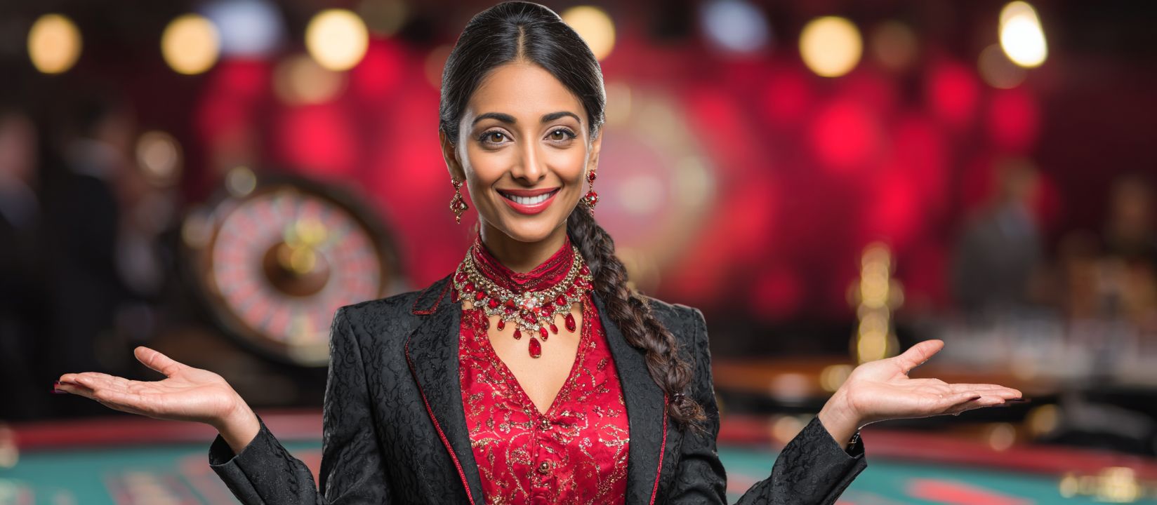 Smiling woman in elegant traditional jewelry at CVC66 casino table, welcoming players to an exciting gaming atmosphere