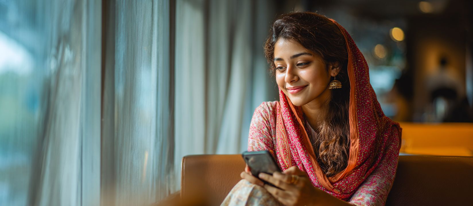 CVC66 App – Download the best mobile casino application in Bangladesh Young woman in traditional attire using her smartphone to enjoy CVC66 mobile gaming experience