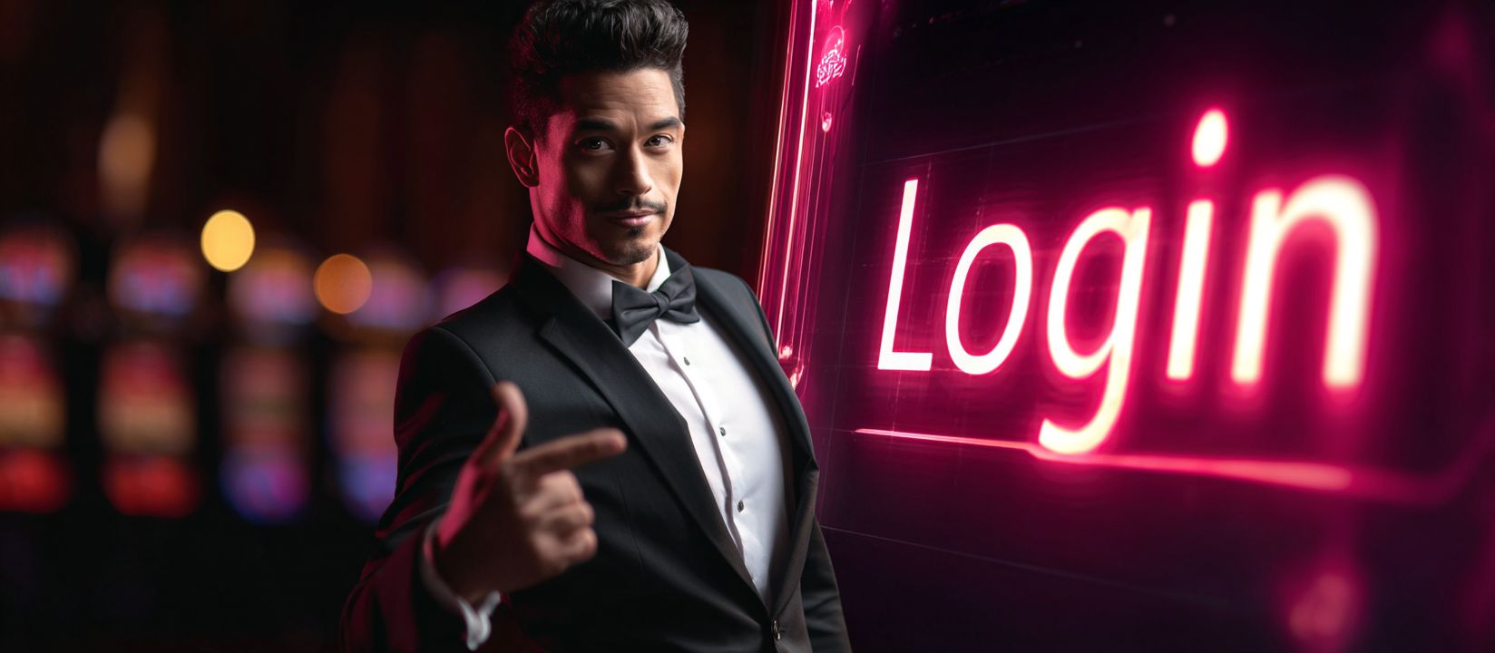 CVC66 Log In – Secure access to your online gaming account Confident man in tuxedo standing next to neon login sign at CVC66 online casino