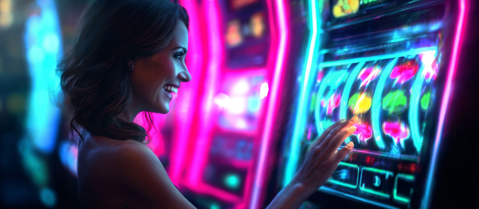 Smiling woman enjoying vibrant neon slot machines while playing at CVC66 online casino